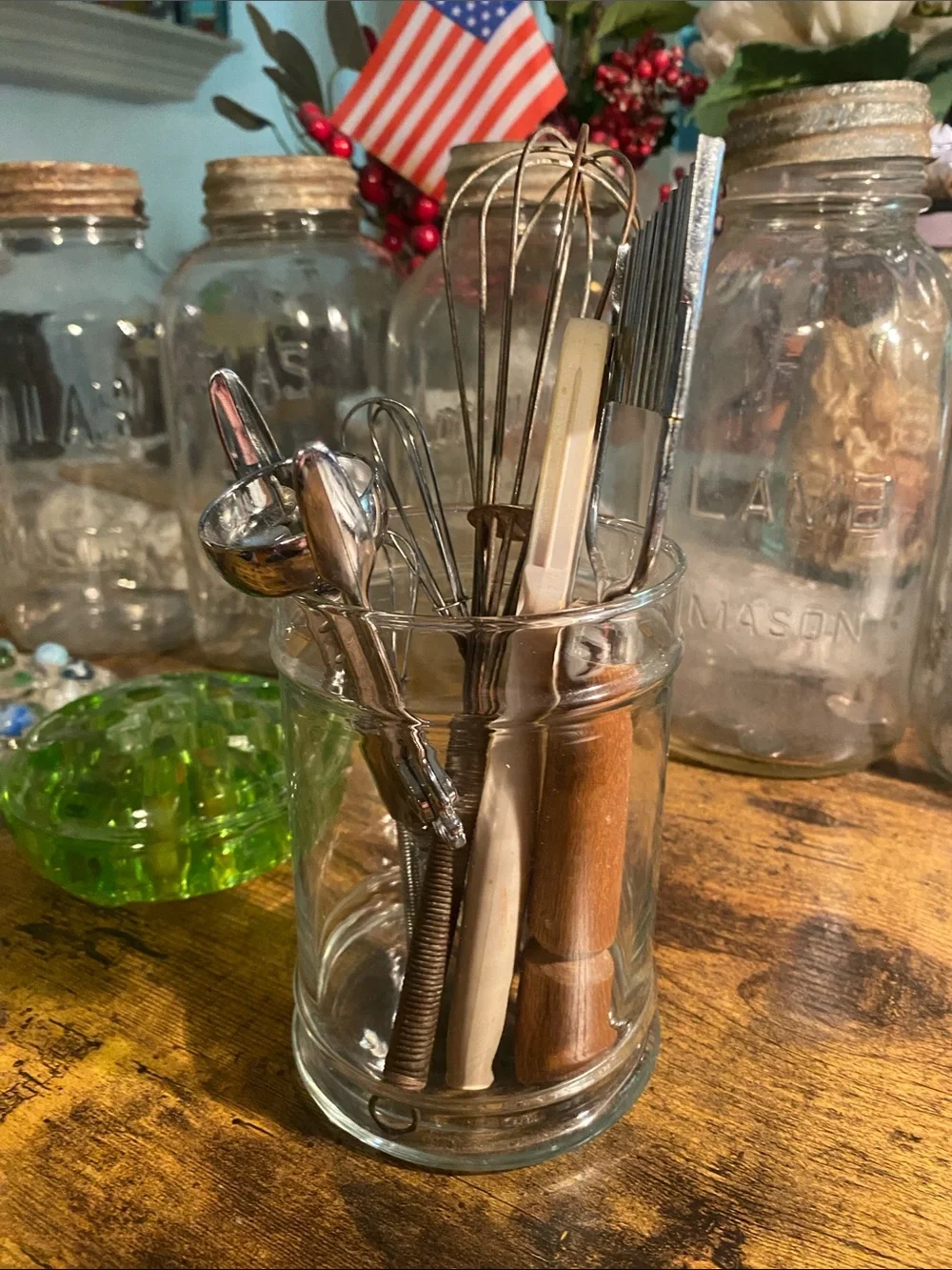 Vintage Kitchen Utensil Set in Silver with Clear Glass Holder